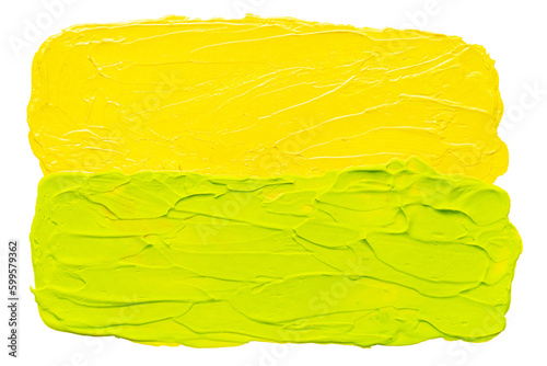 Cutout yellow and green acrylic painting design element. Brush stroke texture.