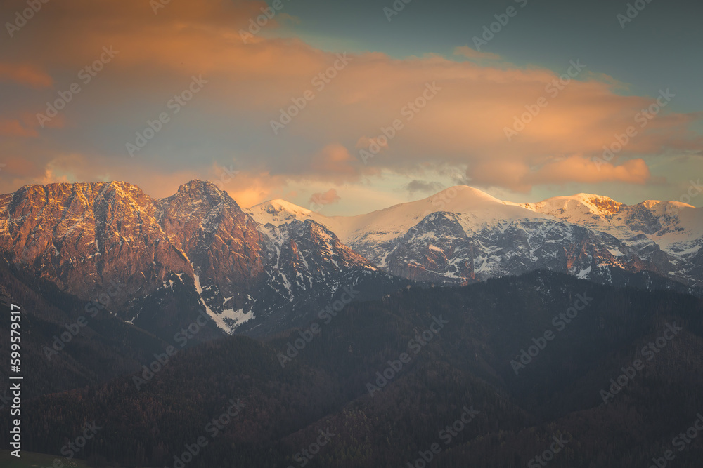 mountain peaks illuminated by the sunset in the Tatras