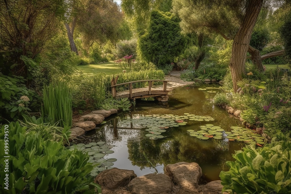 Garden, winding paths, peaceful pond, surrounded by lush greenery.