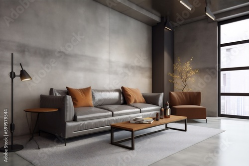 interior background sofa simple lamp living decor luxury decoration lounge grey. Generative AI. © SHOTPRIME STUDIO