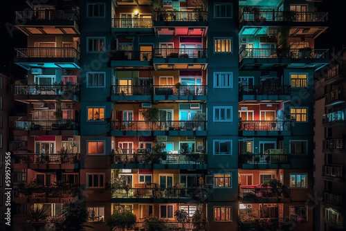 An interior apartment at night with many balconies, in style of colorful figures.