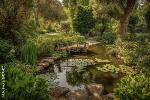 Garden, winding paths, peaceful pond, surrounded by lush greenery. © AlexaSokol83