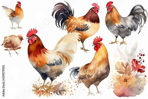 Roosters farm in willows character clipart, white background.