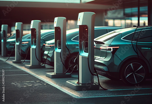 EV cars. Eletric charger, public eletric re-charger. Green, clean energy. Generative  AI. Electrofuels or e-fuels or synthetic fuels, carbon neutral fuels that are made from renewable sources.