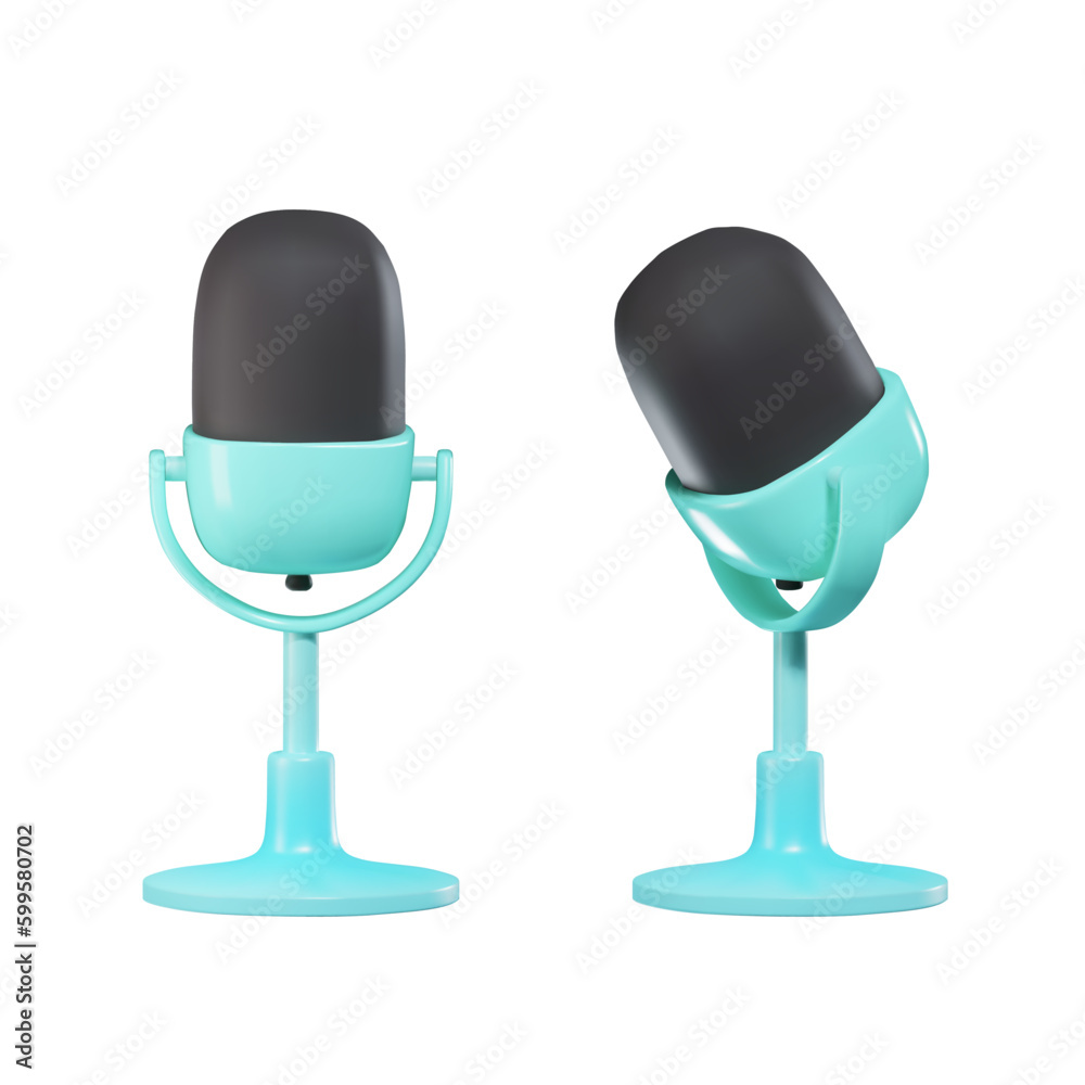 Render of a microphone on a blue stand for streaming or podcasting. front and side view. vector 3d illustration Render of a microphone on a blue stand for streaming or podcasting. front and side view. vector 3d illustration
