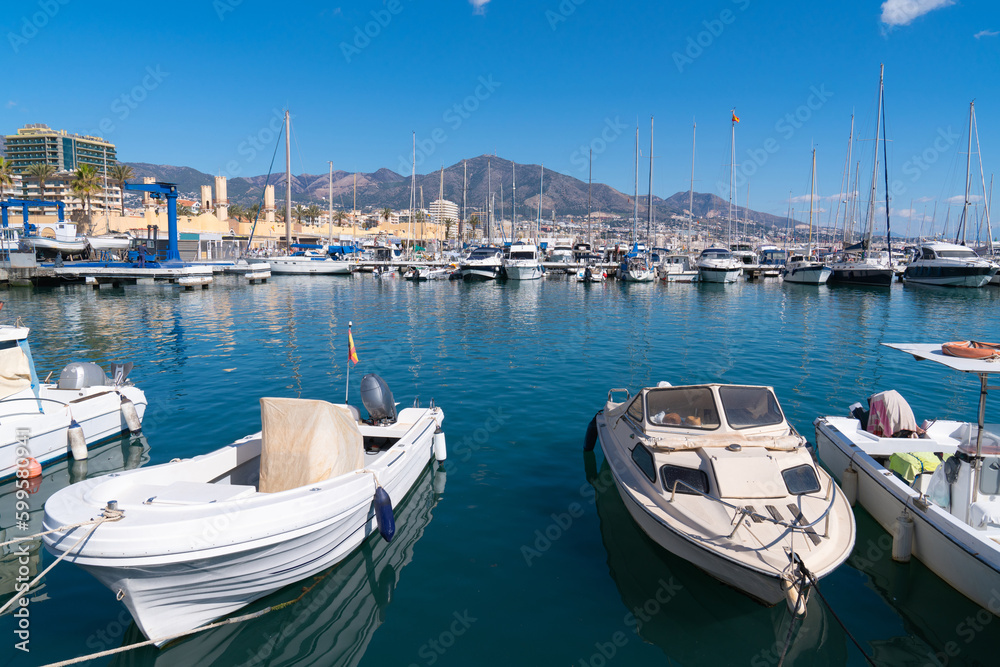 Obraz premium Fuengirola Puerto marina Spain with boats and yachts Costa Del Sol with blue Mediterranean sea