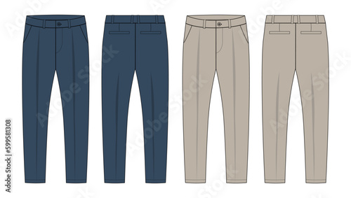 Trouser pants technical fashion flat sketch vector illustration template front and back view. 