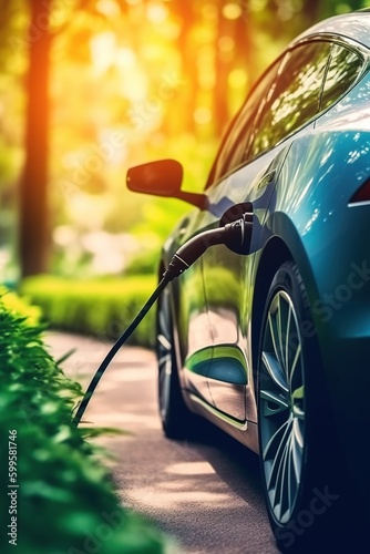 EV cars. Eletric charger, public eletric re-charger. Green, clean energy. Generative  AI. Electrofuels or e-fuels or synthetic fuels, carbon neutral fuels that are made from renewable sources.