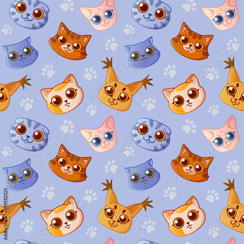 Seamless vector pattern with cute cats faces.