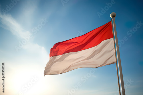 Indonesia national flag waving in blue sky. Red and white flag with clouds. Created with Generative AI Technology
