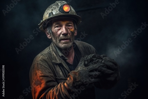 A coal miner grasping a chunk of coal, with black dust on their face and work clothes, in a dimly lit mine. Generative AI