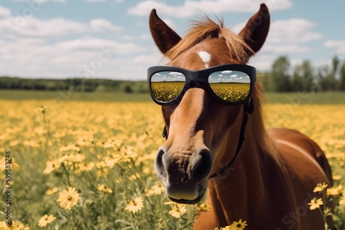 a horse using sunglasses, standing in the middle of a meadow full of blossoms Generative AI
