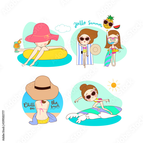 Set of cute hello summer background with girl bikini cartoon illustration