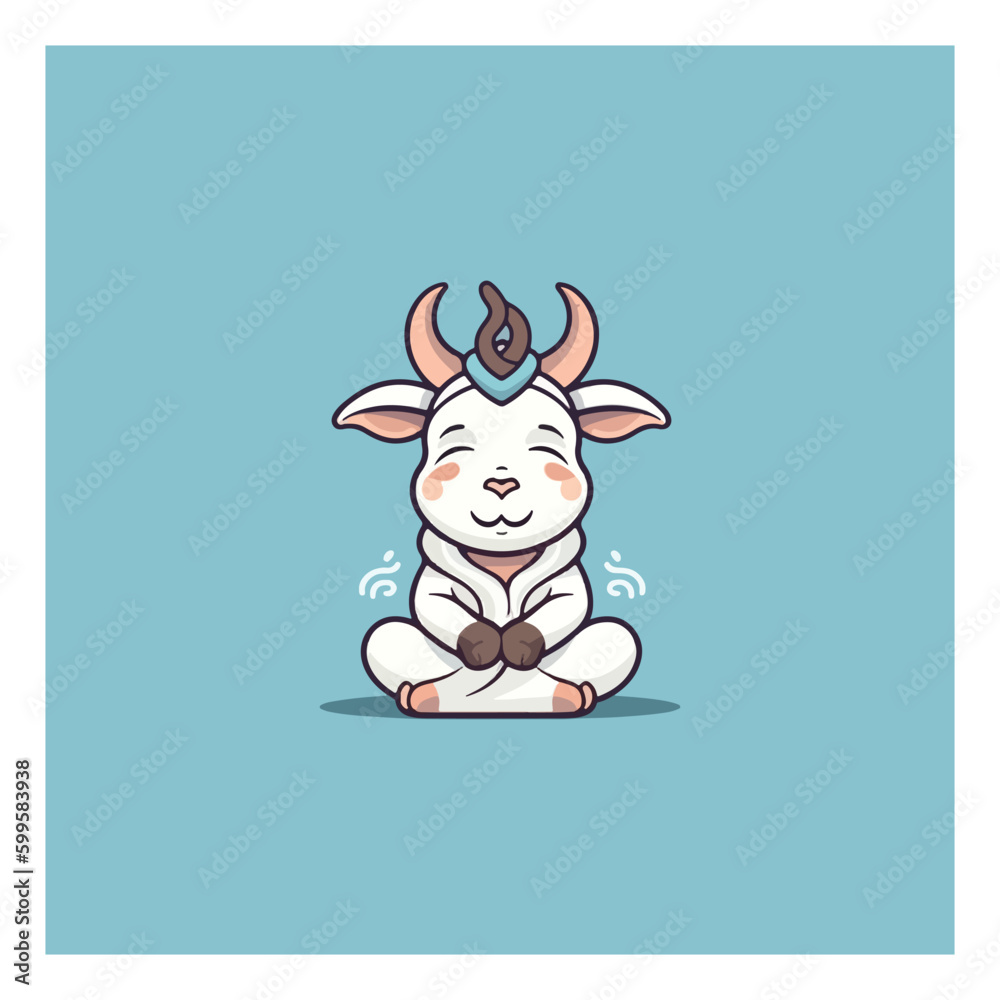 cartoon cute goat is meditating, yoga company logo. modern flat color cartoon cute goat is meditating, yoga company logo. modern flat color