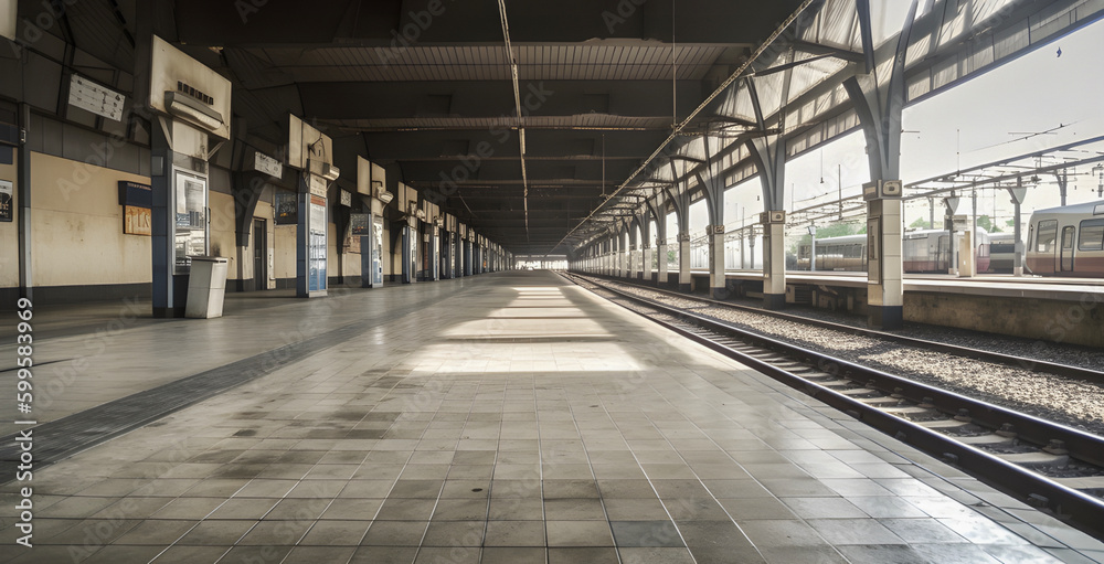 Obraz premium Very detailed image of deserted platform at an empty modern railway station, strike concept, AI generated