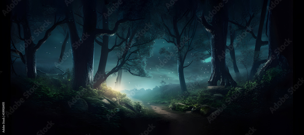 Fantasy Magical forest at night time. AI generated