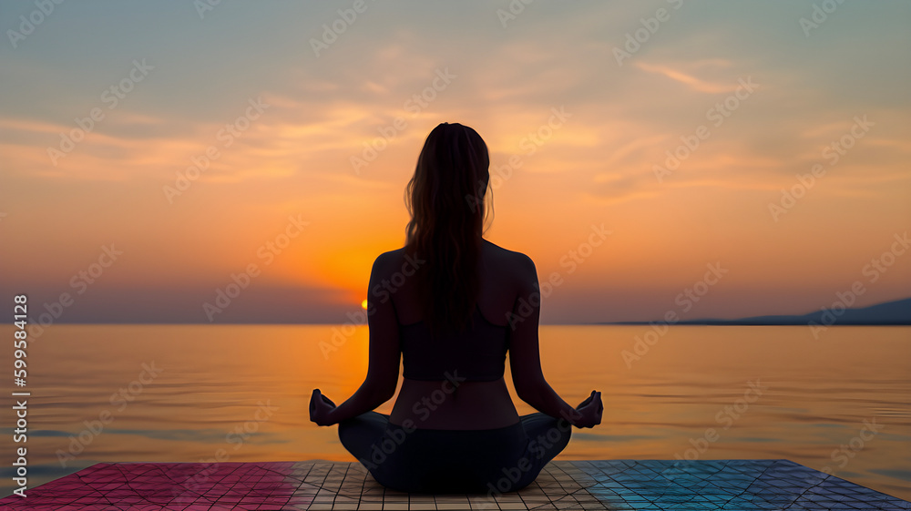 Woman practicing meditation in sunset time by seaside, AI generated