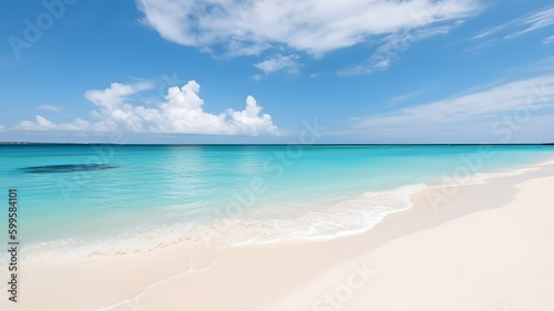 Beautiful tropical beach with white sand, turquoise ocean against blue sky, tropical summer concept, copy space AI generated