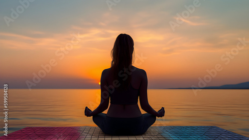Woman practicing meditation in sunset time by seaside, AI generated © 18042011