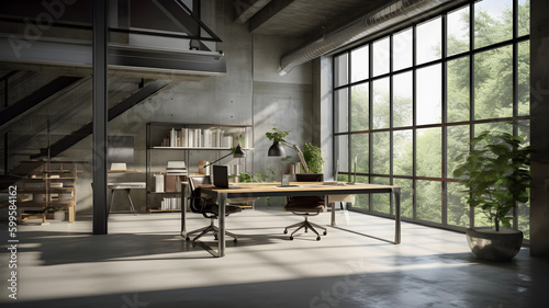 Modern office interior in loft  industrial style  natural sun light. AI generated