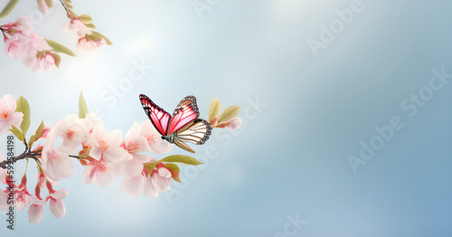 Blossoming Sakura brunches and butterfly on light blue background. Ai generated