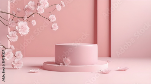 3D display podium. Pastel pink minimalistic background with pedestal stand and blooming Sakura brunch,  for product display. AI generated