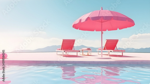 Swimming pool with beach umbrella and chairs. Pink summer vacation concept. AI generated