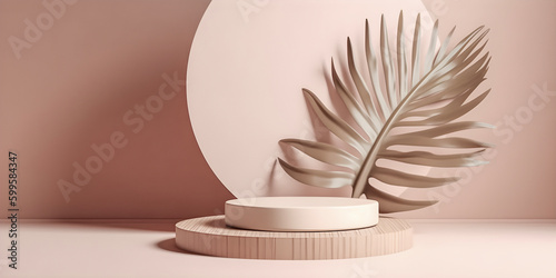 3D display podium. Pastel beige minimalistic background with pedestal stand and blooming Sakura brunch,  for product display. AI generated