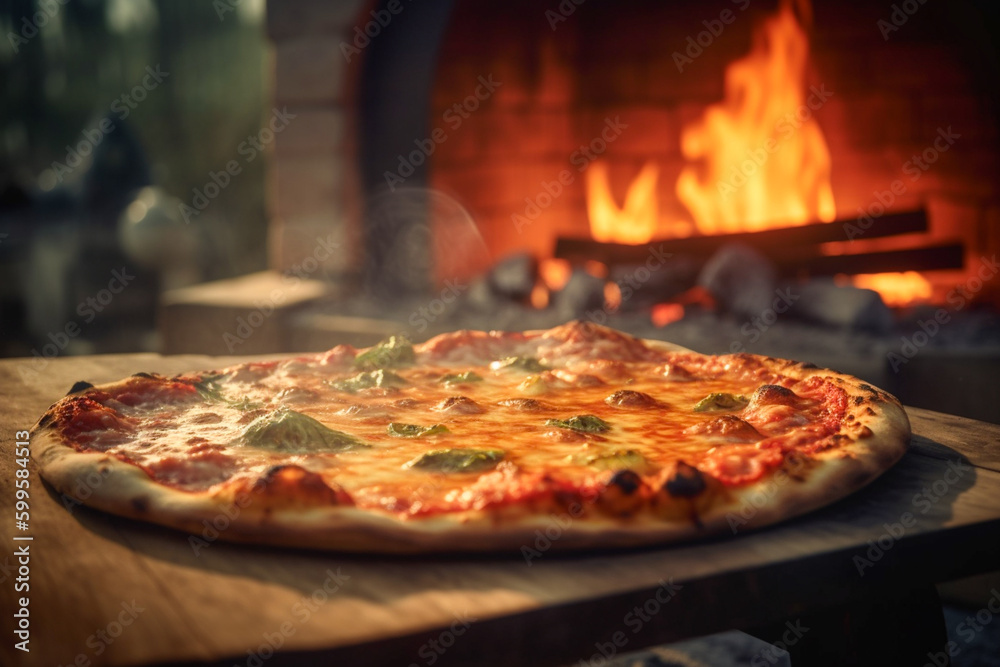 Delicious wood fired pizza served on wooden board and table. Hot fresh pizza pulled out of the oven after roasting over a fire. Generative AI Delicious wood fired pizza served on wooden board and table. Hot fresh pizza pulled out of the oven after roasting over a fire. Generative AI