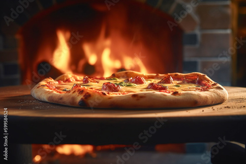 Delicious wood fired pizza served on wooden board and table. Hot fresh pizza pulled out of the oven after roasting over a fire. Generative AI