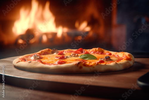 Delicious wood fired pizza served on wooden board and table. Hot fresh pizza pulled out of the oven after roasting over a fire. Generative AI