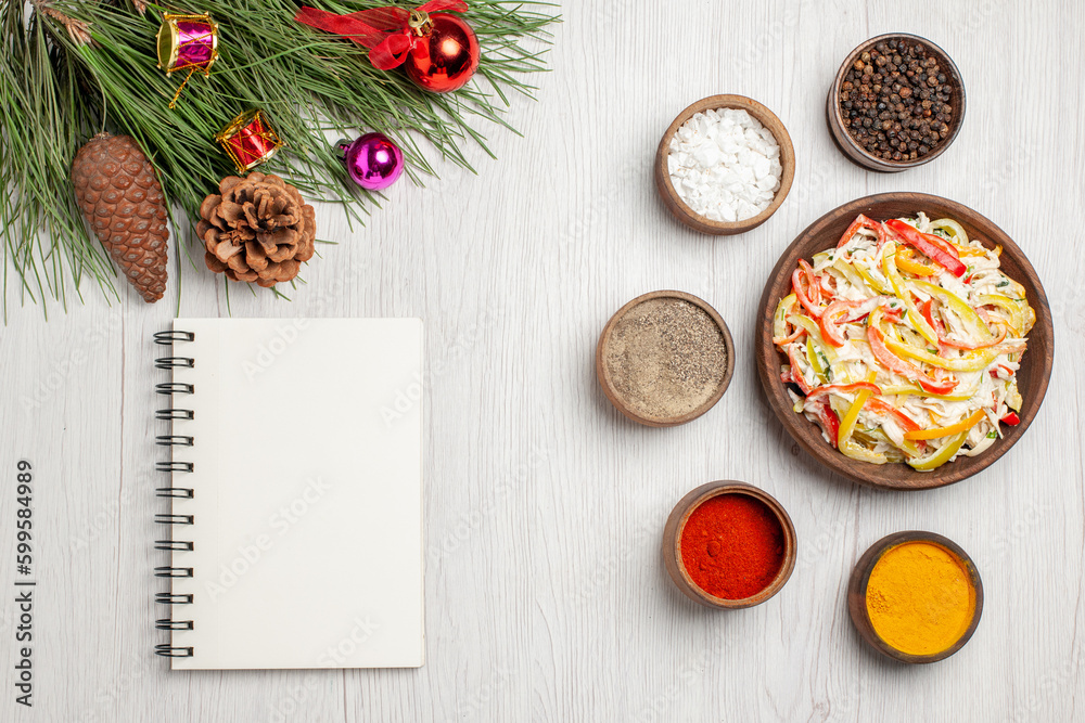 top view delicious chicken salad with seasonings on a white desk snack ripe meal color meat fresh salad