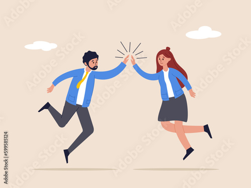 Team success winners concept. Collaboration or encouragement. happy businessman and woman teamwork coworkers jumping and hi five clapping hands. Hi five or congratulation on business goal achievement.
