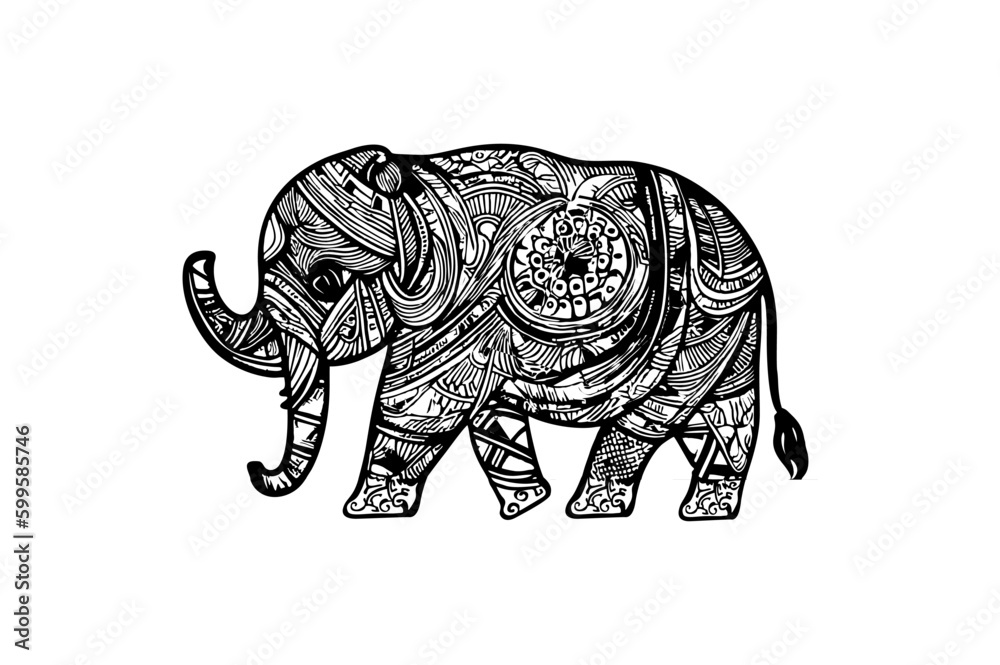 Fototapeta premium Elephant Line Art Ornament Isolated On Transparent Background