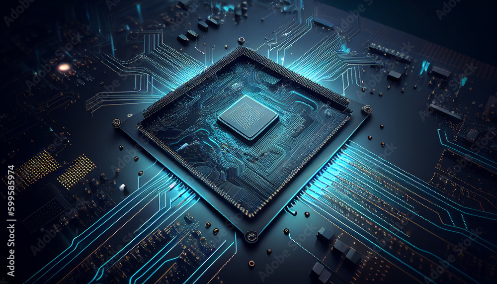 Electronic circuit board with processor, background digital transformation using AI technology and microchip, Generative AI