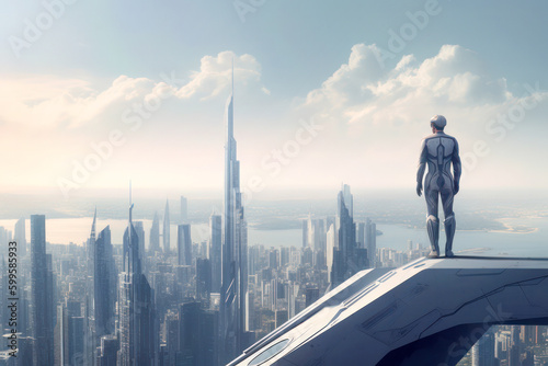 Man standing on top of skyscraper over futuristic cityscape