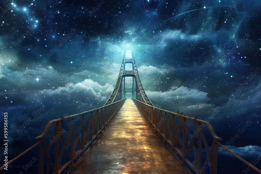 Obraz premium Generative AI: fantasy bridge wood with cloud in the space with a cute landscape