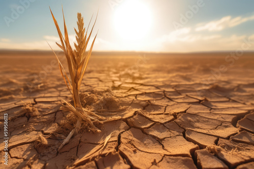 Billede på lærred Dried ear of wheat in dry cracked soil, climate change and food crisis concept