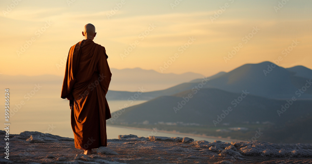 Buddhist monks meditate to calm the mind. The brain will refresh the secretion of Indoine. Make happy, buddhist monk in meditation pose over black background - obrazy, fototapety, plakaty 
