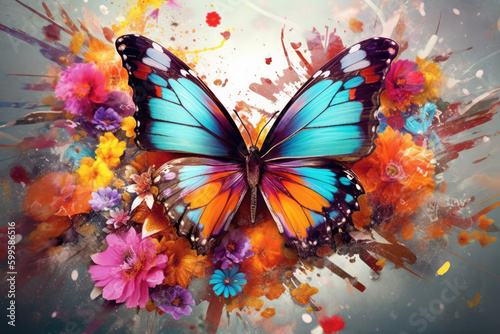 Colorful Butterfly and Flowers created with Generative AI Technology, ai, generative © Wildcat93