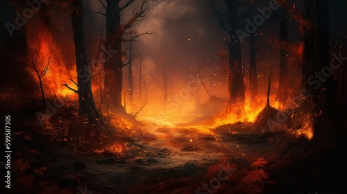 Landscape with fire in the forest. AI generated.