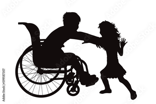 Vector silhouette of one of a siblings sitting in a wheelchair on a white background.