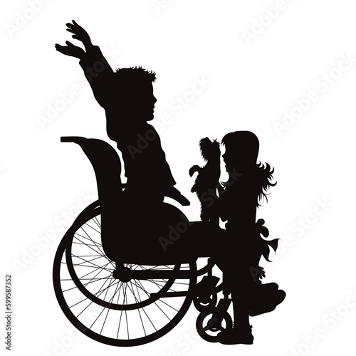 Vector silhouette of one of a siblings sitting in a wheelchair on a white background.