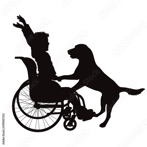 Vector silhouette of a child sitting in a wheelchair with his dog on a white background.