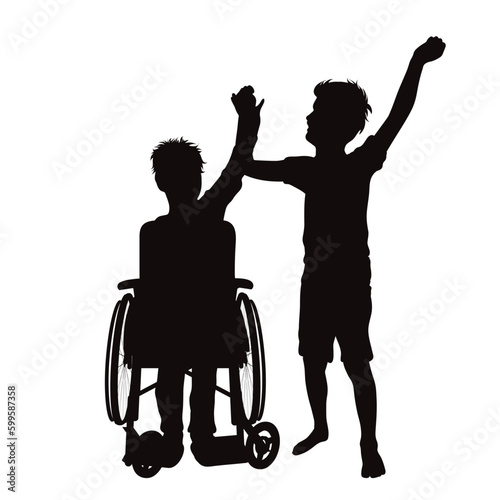 Vector silhouette of one of a siblings sitting in a wheelchair on a white background.