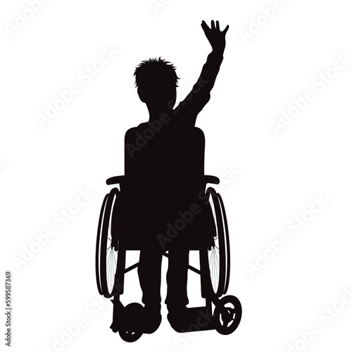 Vector silhouette of a child sitting in a wheelchair on a white background.