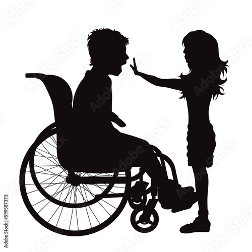 Vector silhouette of one of a siblings sitting in a wheelchair on a white background.