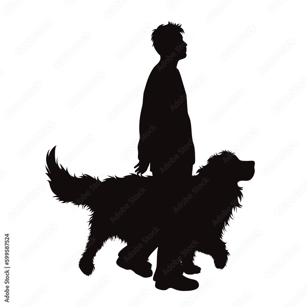 Vector silhouette of walking man with his happy dog on white background.