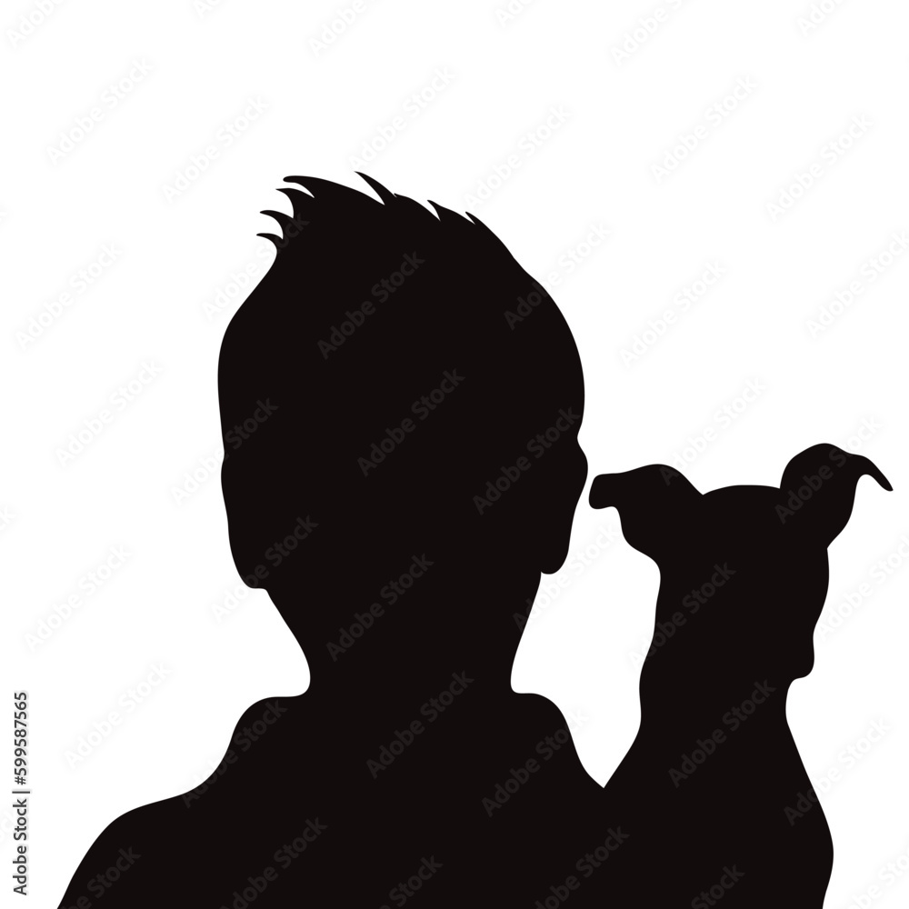 Vector silhouette of boy with his dog on white background.