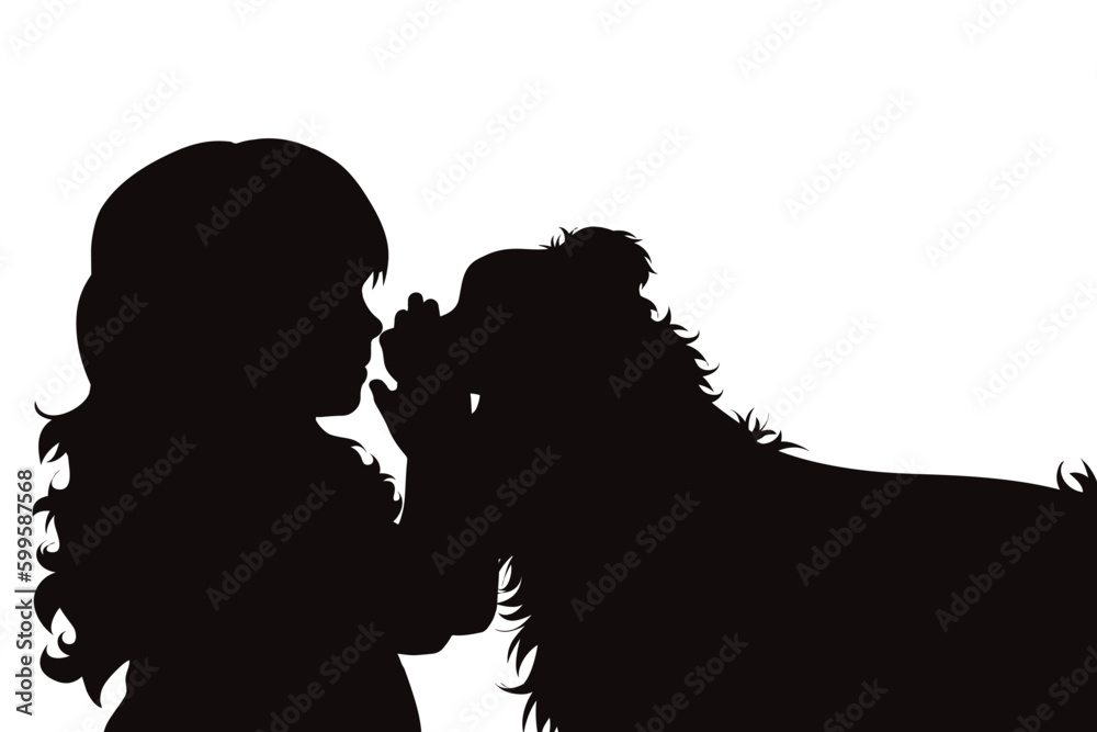 Vector silhouette of girl with her dog on white background.